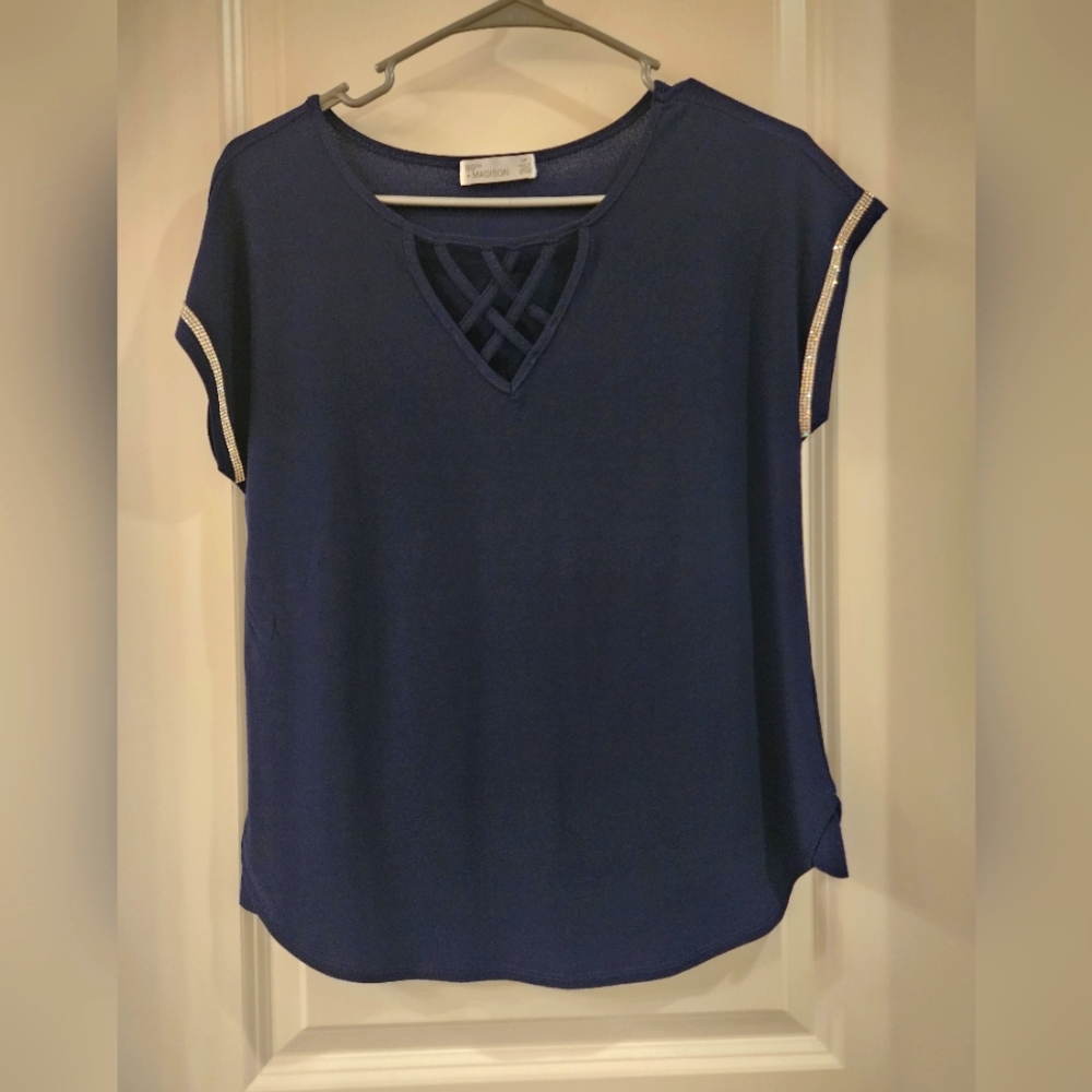 89th & Madison Navy Top with Rhinestones